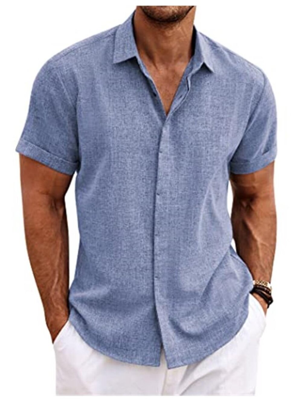Mens Linen Shirt Button Down Beach Wedding Summer Cotton Casual Short Sleeve
